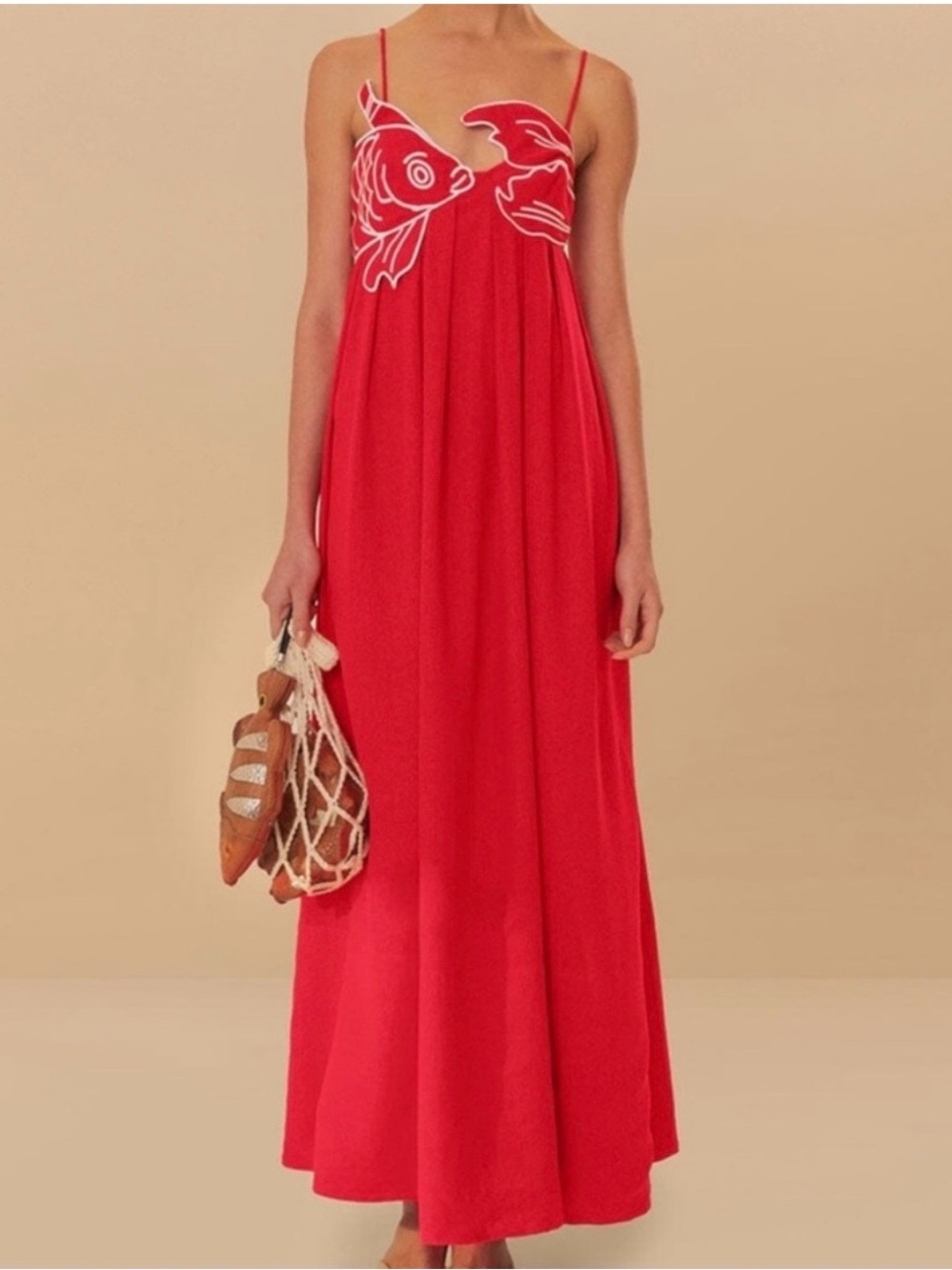 FARM Rio Red Spaghetti-Strap Maxi Dress with Fish Embroidery